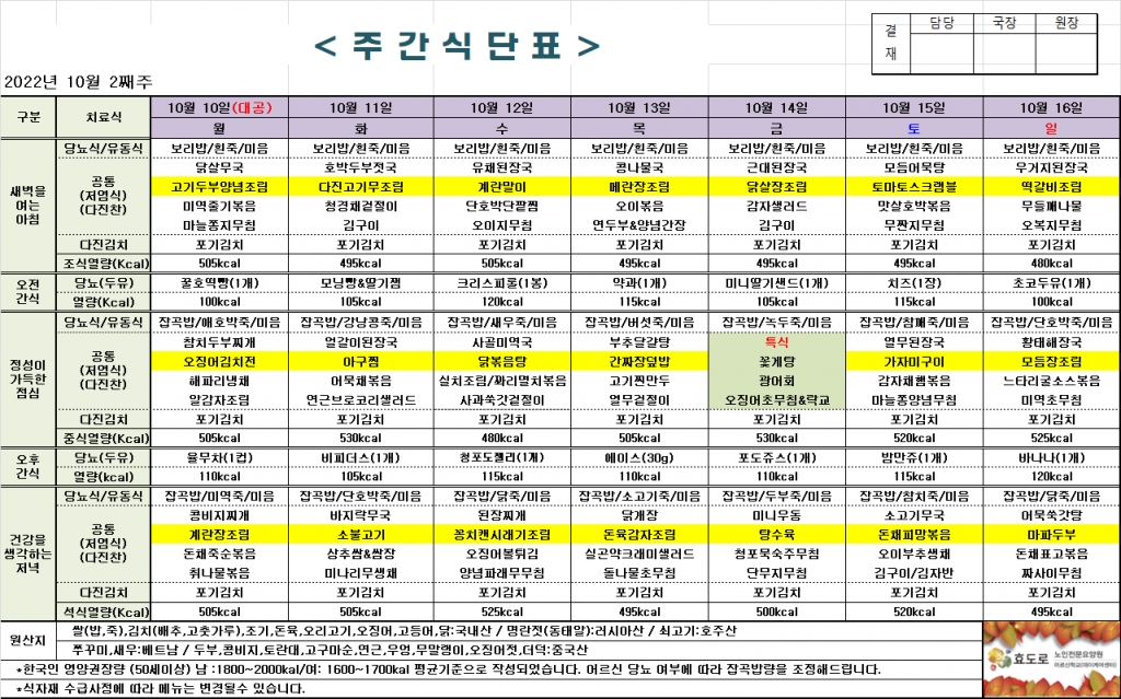 2022년 10월 2째주 식단표