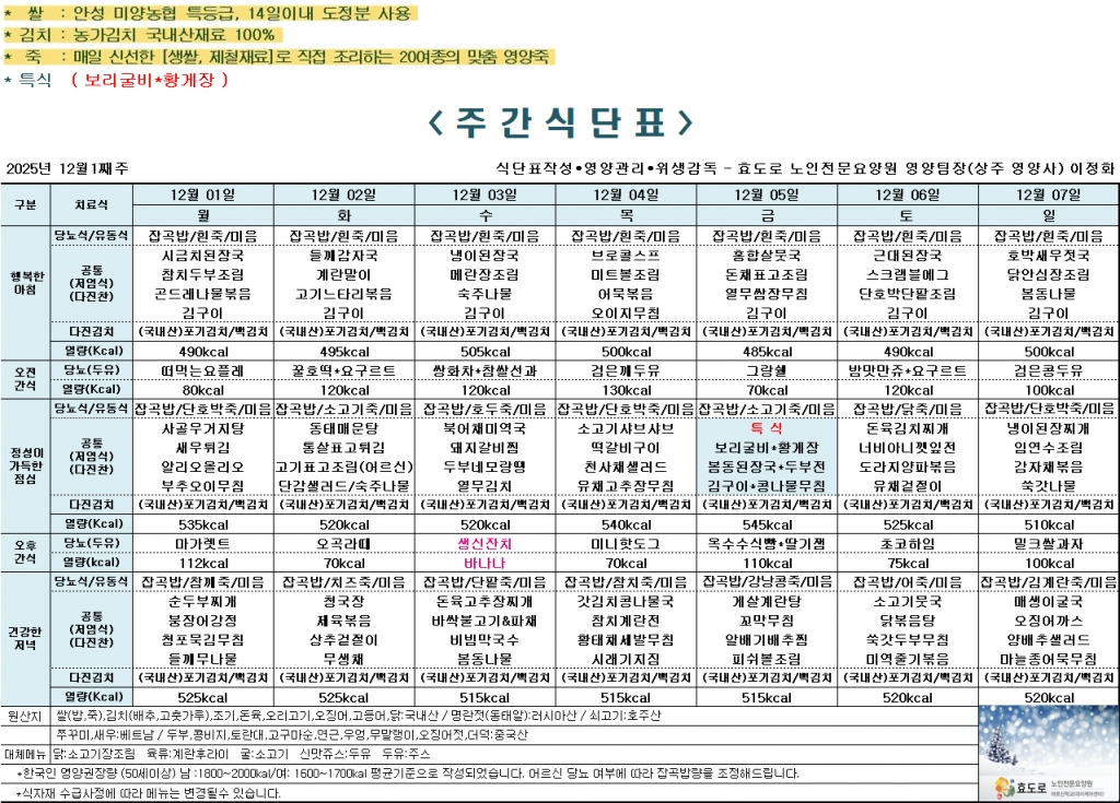 2025년 12월 첫째주 식단표