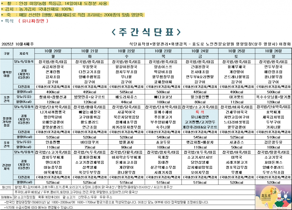 2025년 10월 4째주 식단표