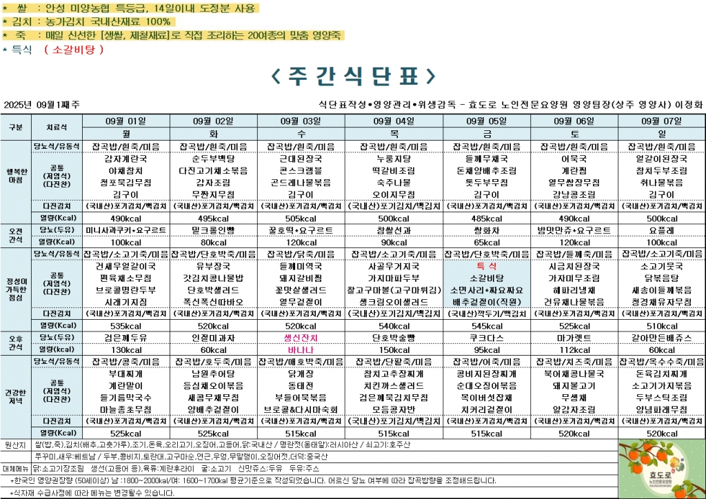2025년 9월 1째주 식단표