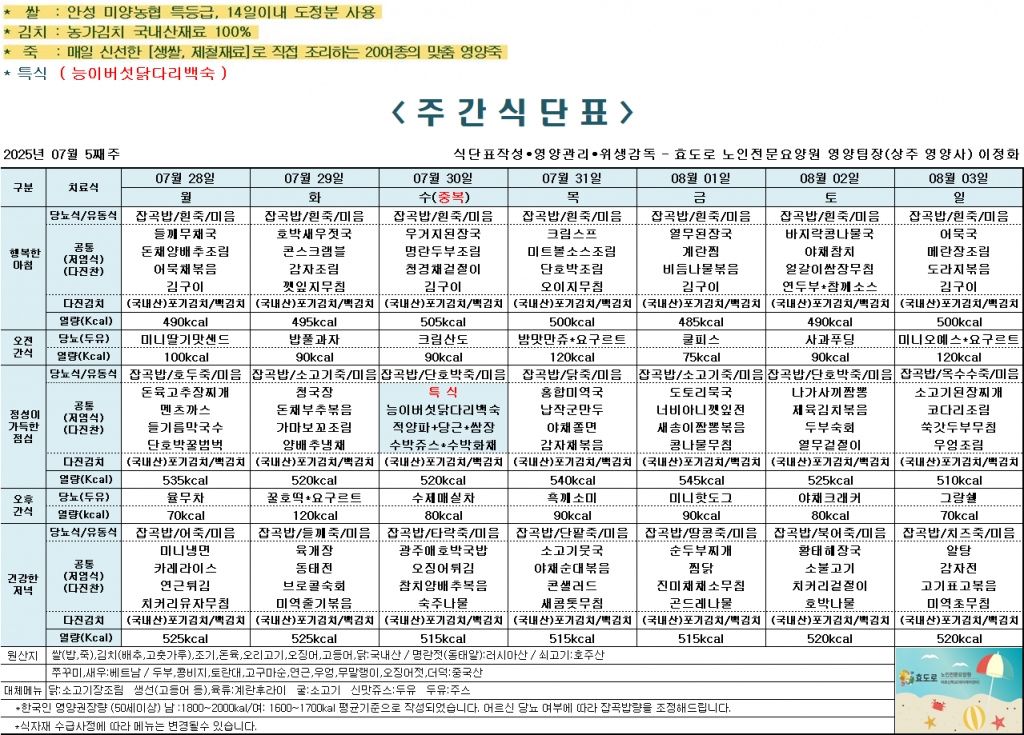 2025년 7월 5째주 식단표