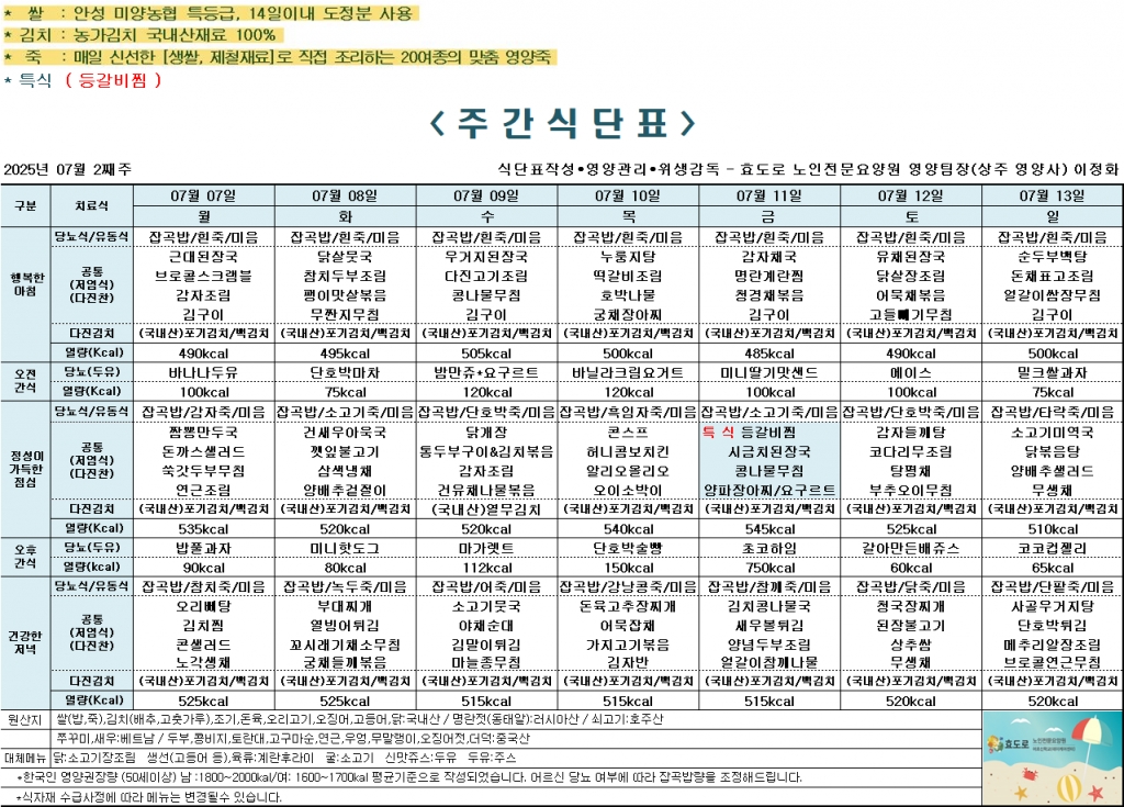 2025년 7월 2째주 식단표