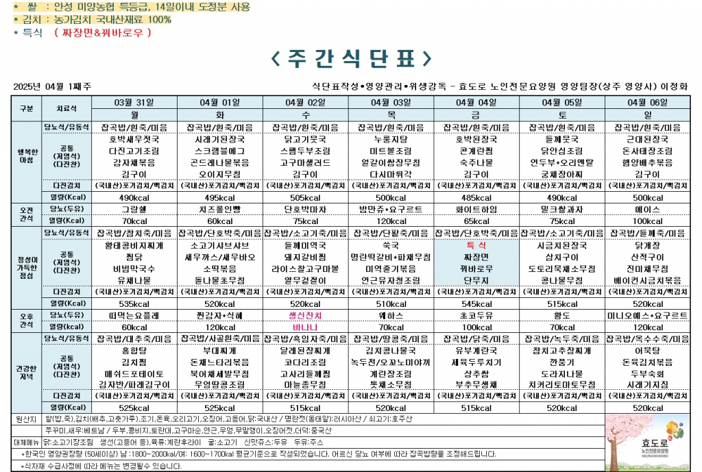 2025년 4월 1째주 식단표