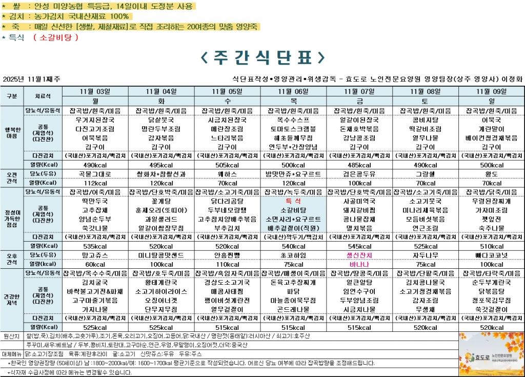 2025년 11월 1째주 식단표