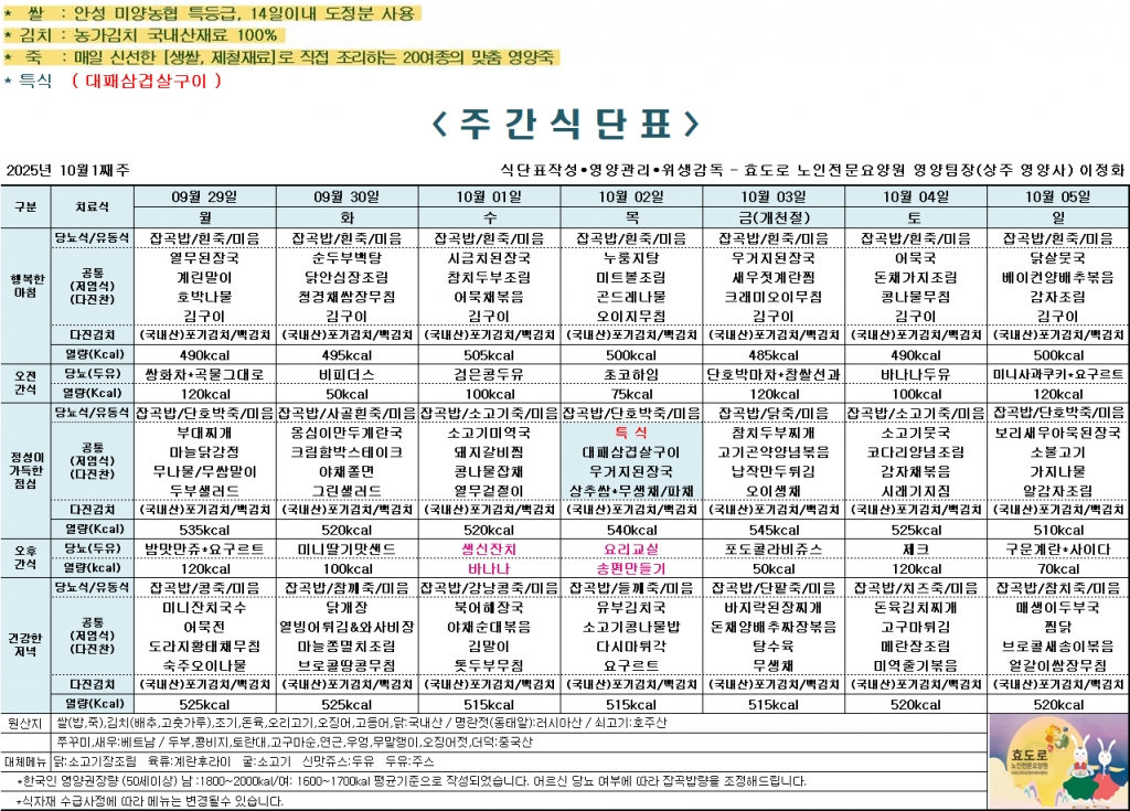 2025년 10월 1째주 식단표