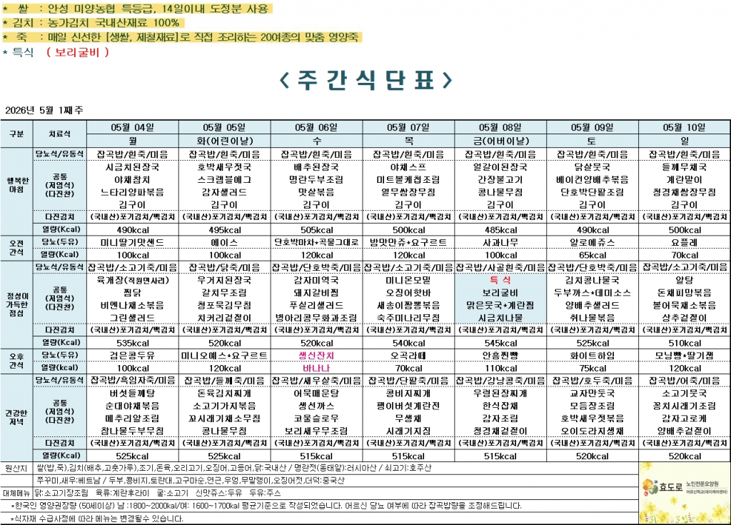 2026년 5월 1주차 식단표