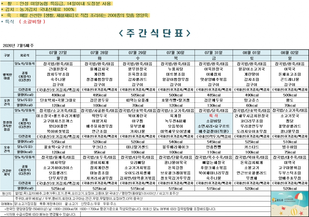 2026년 7월 5주차 식단표