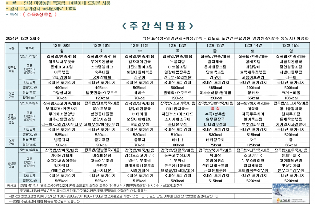 2024년 12월 2째주 식단표